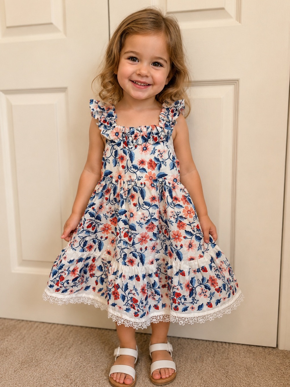 Girls White Floral Sundress with Pink and Blue Flowers - Charming Summer Dress